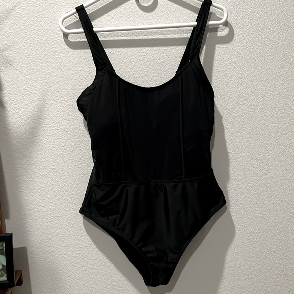 Black one piece swim suit with mesh panel! So cute!!